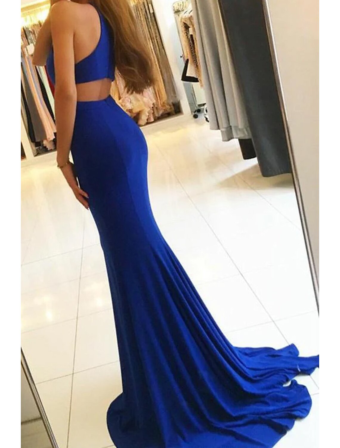 Wholesa  Mermaid / Trumpet Evening Gown Bodycon Dress Formal Prom Court Train Sleeveless High Neck Stretch Fabric with Slit