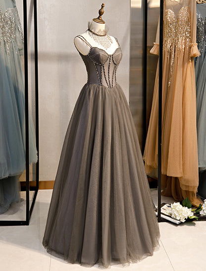 wholesale  A-Line Prom Dresses Sexy Dress Formal Floor Length Sleeveless Spaghetti Strap Tulle with Pleats Crystals