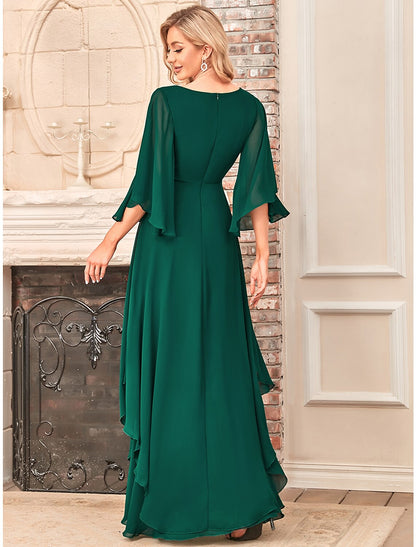 wholesale  A-Line Mother of the Bride Dress Elegant V Neck Floor Length Chiffon Half Sleeve with Sash / Ribbon