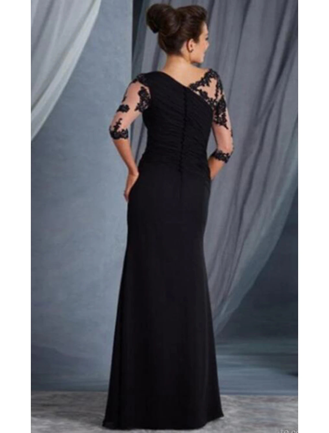 Wholesa  Sheath Black Dress Plus Size Evening Gown Elegant Dress Formal Evening Floor Length Half Sleeve Jewel Neck Fall Wedding Guest Lace with Appliques