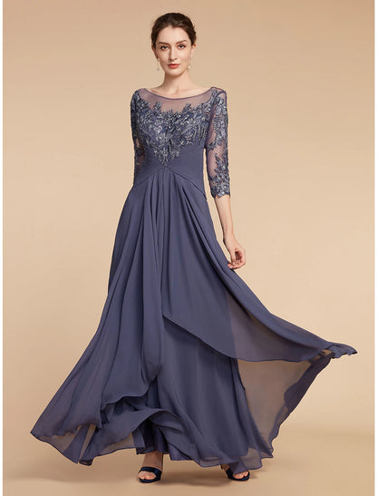 Wholesa  A-Line Mother of the Bride Dress Elegant V Neck Floor Length Chiffon Lace 3/4 Length Sleeve with Ruffles Appliques