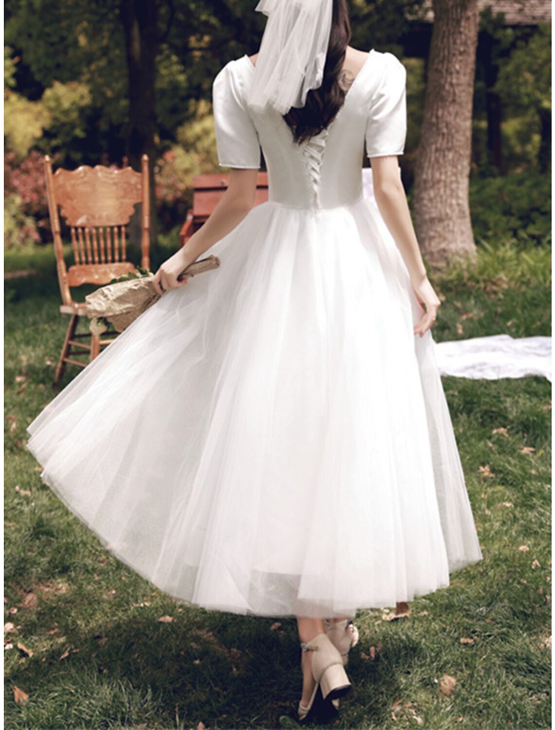 Wholesa Reception Little White Dresses Wedding Dresses A-Line Square Neck Short Sleeve Tea Length Satin Bridal Gowns With Pearls