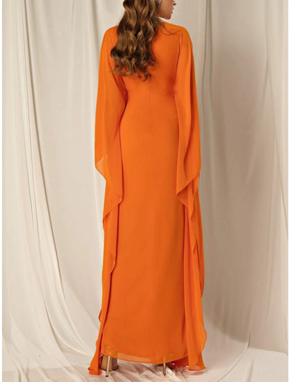 Wholesa Sheath / Column Evening Gown Elegant Dress Formal Fall Ankle Length Long Sleeve V Neck Chiffon with Ruched Ruffles