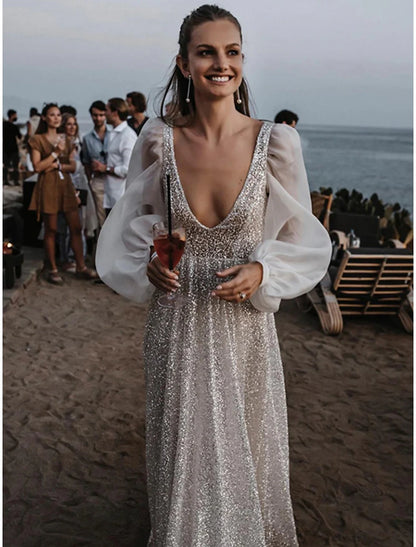 Wholesale Beach Open Back Boho Wedding Dresses A-Line V Neck Long Sleeve Sweep / Brush Train Sequined Bridal Gowns With Pleats 2023 Summer Wedding Party