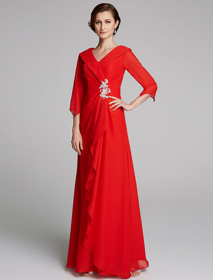 Wholesa A-Line Mother of the Bride Dress Elegant V Neck Floor Length Chiffon Half Sleeve with Pleats Appliques