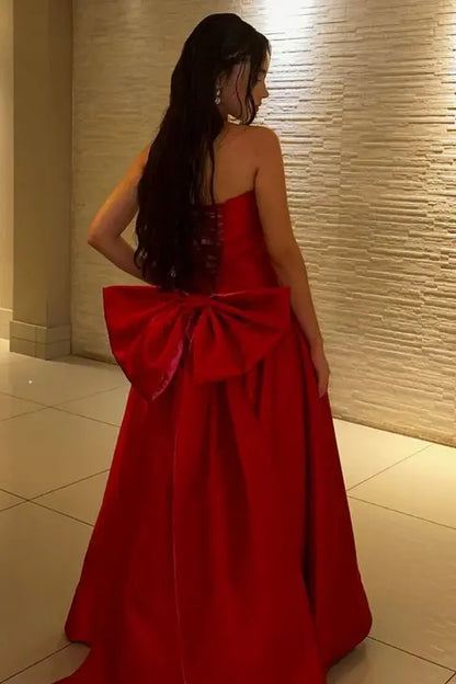 Aimishang Lovely A-Line Strapless Sleeveless Wedding Guest Party Dress Classic Long Formal Prom Dress with Bow