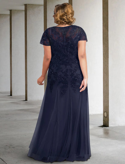 wholesale  A-Line Mother of the Bride Dress Plus Size Elegant Jewel Neck Floor Length Lace Tulle Short Sleeve with Pleats Appliques