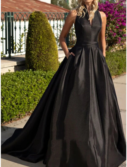 Wholesa A-Line Evening Gown Party Dress Elegant Dress Formal Fall Sweep / Brush Train Sleeveless V Neck Satin with Pleats