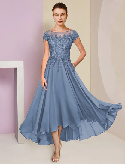 Wholesa  Two Piece A-Line Mother of the Bride Dress Formal Wedding Guest Elegant High Low Scoop Neck Asymmetrical Tea Length Chiffon Lace Short Sleeve Wrap Included with Sequin Appliques