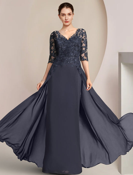 Wholesa  Sheath / Column Mother of the Bride Dress Formal Wedding Guest Elegant V Neck Floor Length Chiffon Lace Half Sleeve with Sequin Appliques