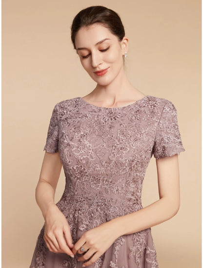 Wholesa  A-Line Mother of the Bride Dress Wedding Guest Elegant Petite Jewel Neck Tea Length Lace Tulle Short Sleeve with Ruching Flower