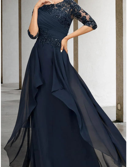 Wholesa  A-Line Mother of the Bride Dress Wedding Guest Elegant Scoop Neck Floor Length Chiffon Lace Half Sleeve with Sequin Ruching Solid Color