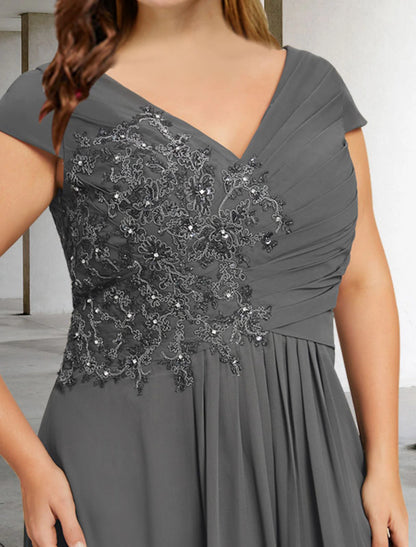 Wholesa A-Line Mother of the Bride Dresses Plus Size Hide Belly Curve Elegant Dress Formal Floor Length Short Sleeve V Neck Chiffon with Pleats Sequin Appliques