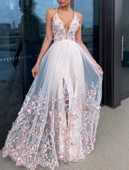 Wholesa A-Line Evening Gown Party Dress Floral Dress Homecoming Wedding Guest Floor Length Short Sleeve V Neck Tulle with Draping Appliques