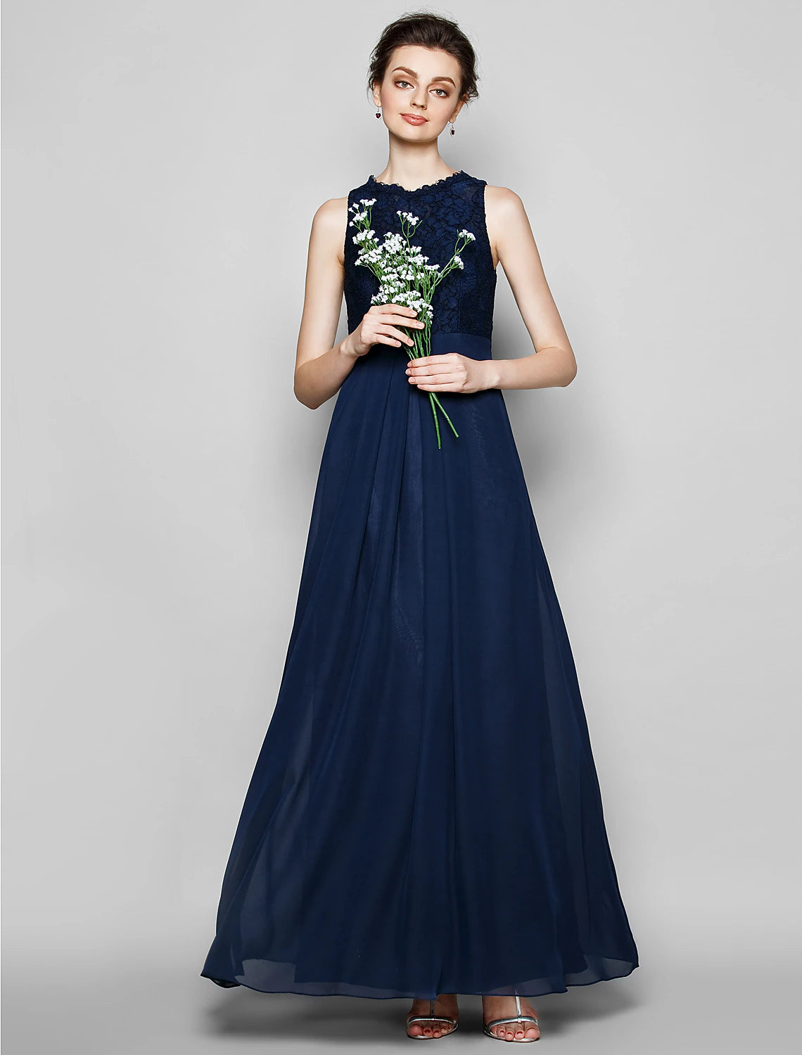 Wholesa Sheath / Column Bridesmaid Dress Jewel Neck Sleeveless Elegant Floor Length Chiffon / Lace with Lace