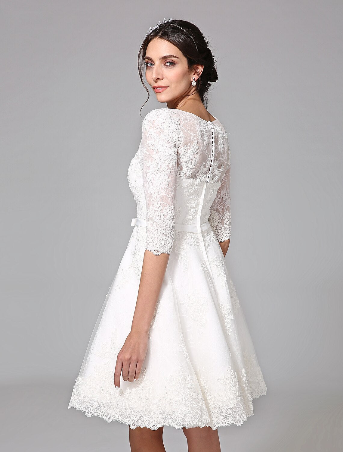 Wholesale Reception Little White Dresses Wedding Dresses A-Line V Neck Half Sleeve Knee Length Lace Bridal Gowns With Bowknot Sash / Ribbon Summer Wedding Party