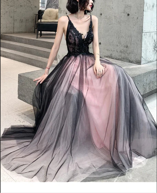 Pink and Black Stylish Tulle with Lace Long Formal Dresses A-line Tulle Evening Dress Wholesale