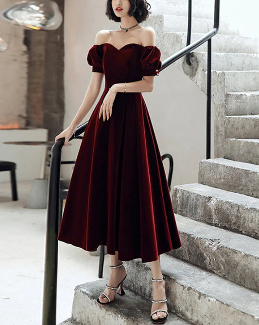 Wine Red Velvet Tea Length Off Shoulder Party Dress Bridesmaid Dress Elegant Evening Dress