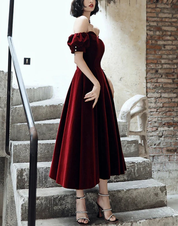 Wine Red Velvet Tea Length Off Shoulder Party Dress Bridesmaid Dress Elegant Evening Dress