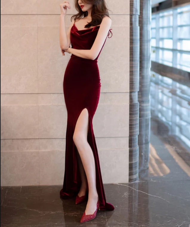 Burgundy Velvet Floor Length Mermaid Prom Dress Bridesmaid Dresses Evening Dress  Party Dress With Slit