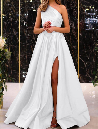 Wholesa A-Line Evening Gown Elegant Dress Wedding Guest Engagement Floor Length Sleeveless One Shoulder Satin with Pleats Slit