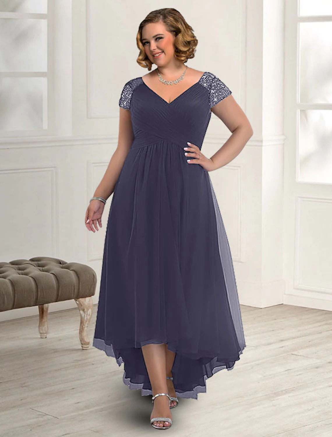 Wholesa  A-Line Mother of the Bride Dress Plus Size Elegant High Low V Neck Asymmetrical Floor Length Chiffon Short Sleeve with Pleats Beading