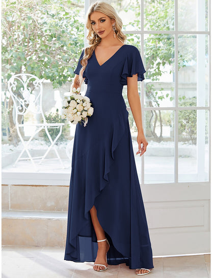 Wholesa  A-Line Wedding Guest Dresses Casual Dress Party Dress Wedding Party Asymmetrical Short Sleeve V Neck Bridesmaid Dress Chiffon with Ruffles Pure Color