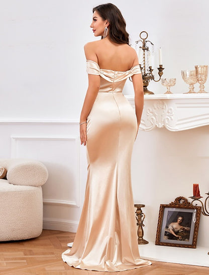 Wholesale Mermaid / Trumpet Minimalist High Split Prom Formal Evening Dress Off Shoulder Sleeveless Floor Length Satin with Ruched Slit