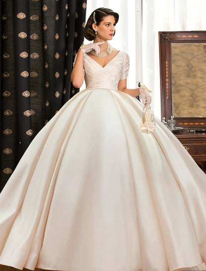 Wholesale Engagement Formal Fall Wedding Dresses Ball Gown V Neck Short Sleeve Court Train Satin Bridal Gowns With Ruched Solid Color Summer Wedding Party