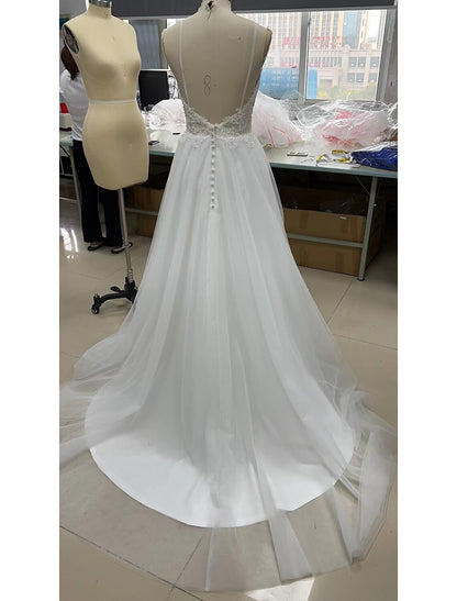 wholesale  A-Line Evening Gown Minimalist Dress Engagement Sweep / Brush Train Sleeveless V Neck Tulle with Beading Appliques Shouder Flower