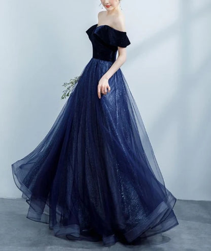 Navy Blue Off Shoulder Velvet Sweetheart Party Dress Shiny Tulle Long Prom Dress Party Dress Sparkly Evening Dress Wholesale