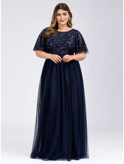 wholesale  A-Line Prom Dresses Plus Size Dress Wedding Guest Floor Length Short Sleeve Jewel Neck Chiffon with Appliques