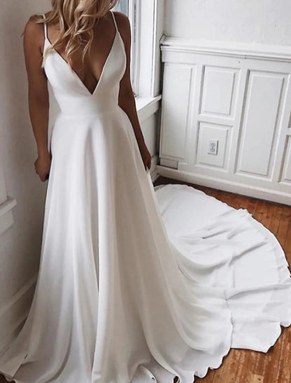 Wholesale Beach Open Back Boho Wedding Dresses A-Line Camisole V Neck Spaghetti Strap Chapel Train Chiffon Bridal Gowns With Appliques Solid Color Summer Wedding Party