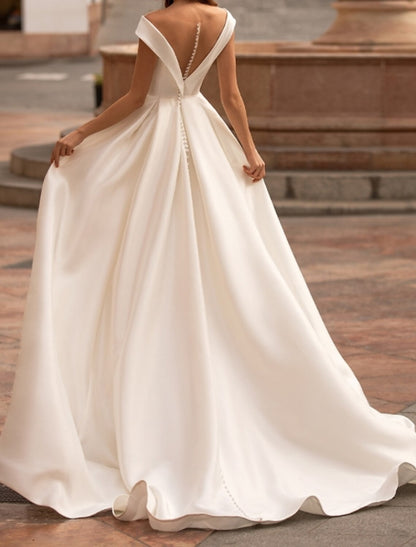 Wholesa Hall Casual Wedding Dresses A-Line Off Shoulder Cap Sleeve Sweep / Brush Train Satin Bridal Gowns With Pleats