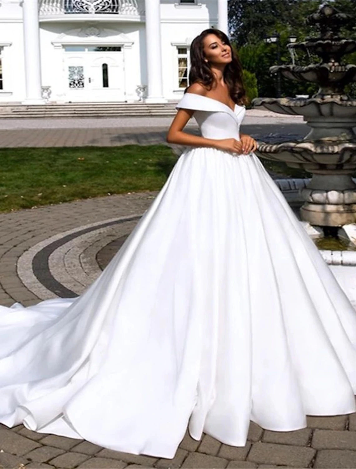 Wholesale Formal Wedding Dresses Ball Gown Off Shoulder Cap Sleeve Chapel Train Satin Bridal Gowns With Pleats Summer Wedding Party