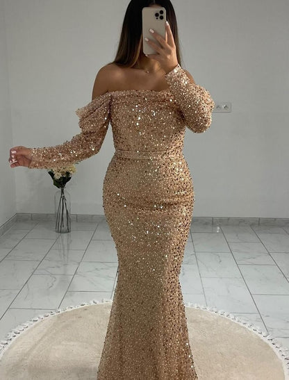 Wholesa Mermaid / Trumpet Evening Gown Elegant Dress Wedding Black Tie Floor Length Long Sleeve Off Shoulder Sequined with Pearls