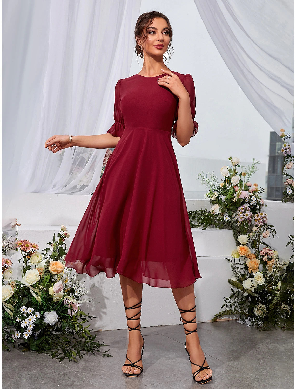 Wholesale A-Line Wedding Guest Dresses Elegant Dress Holiday Tea Length Half Sleeve Jewel Neck Chiffon with Fringe