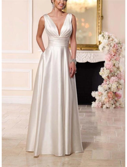 Wholesa Beach Casual Formal Wedding Dresses A-Line V Neck Sleeveless Floor Length Taffeta Bridal Gowns With Pleats Ruched