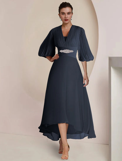 wholesale  A-Line Mother of the Bride Dress Formal Wedding Guest Party Vintage Elegant V Neck Tea Length Chiffon 3/4 Length Sleeve with Pleats Crystals