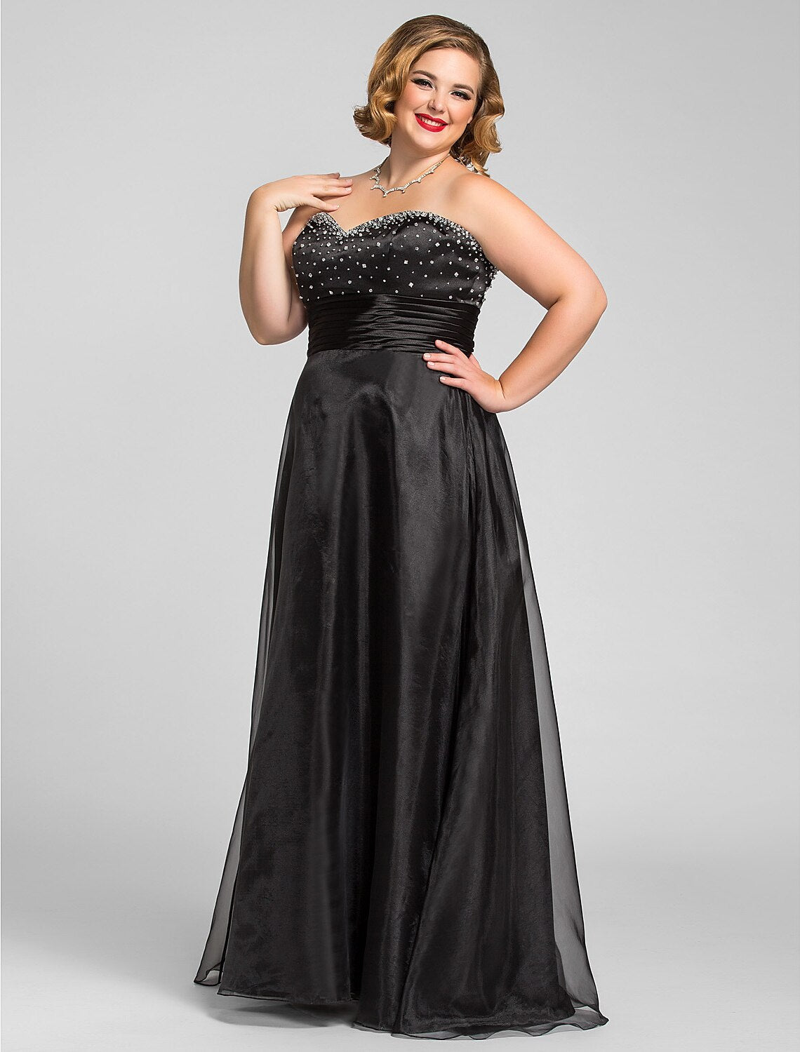 Wholesa A-Line Black Dress Prom Formal Evening Floor Length Sleeveless Sweetheart Organza with Ruched Beading