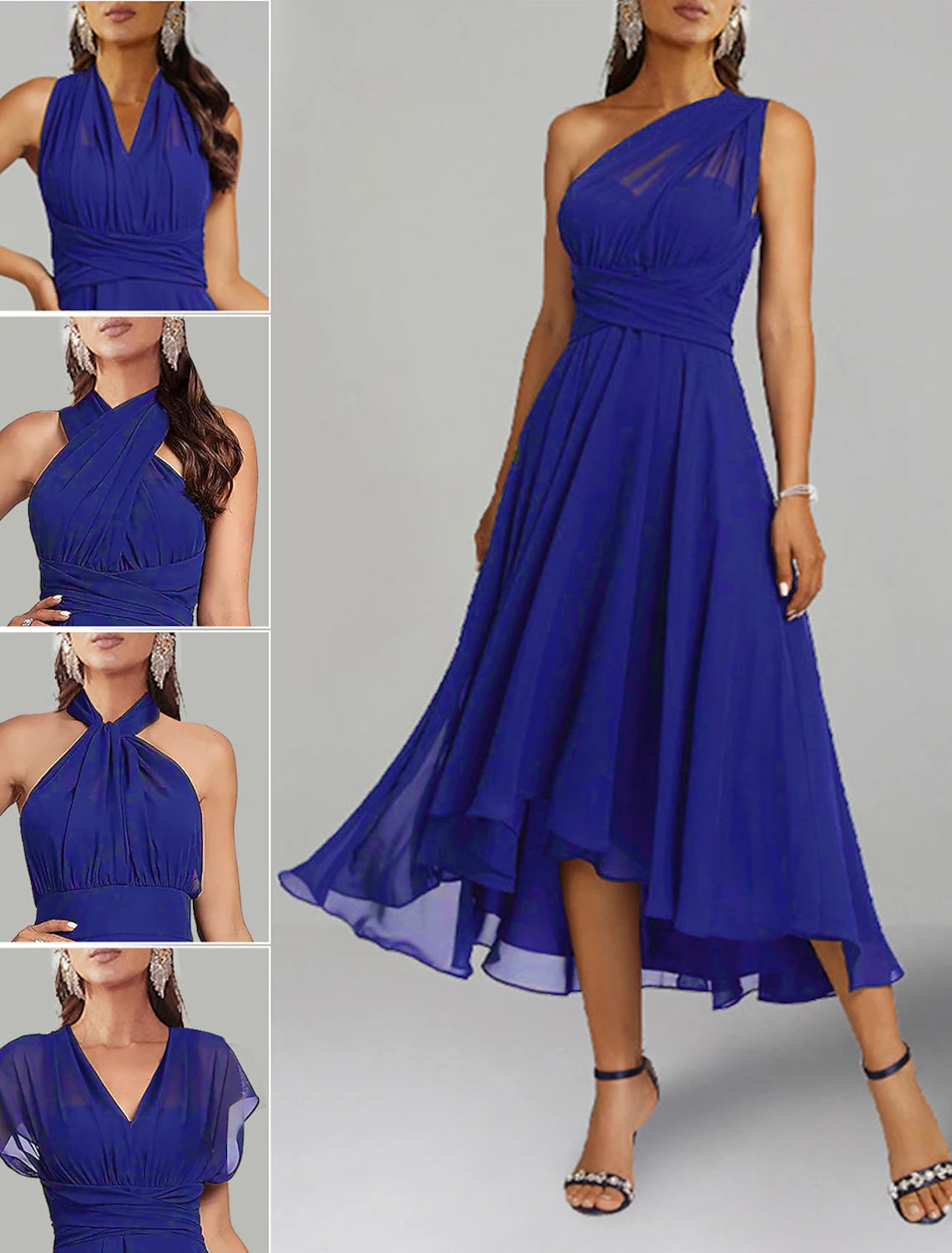 Wholesa A-Line Blue Wedding Guest Dresses Convertible Infinity Mother Dress Formal Tea Length Sleeveless One Shoulder Chiffon with Ruched