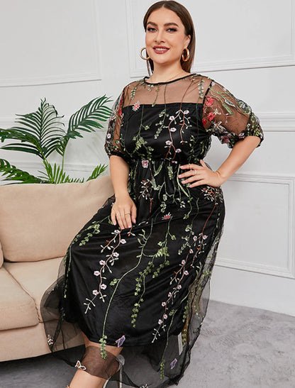 wholesale  Mother of the Bride Dresses Plus Size Curve Hide Belly Party Plus Size Hide Belly Scoop Neck Ankle Length Tulle Half Sleeve with Embroidery Ruching