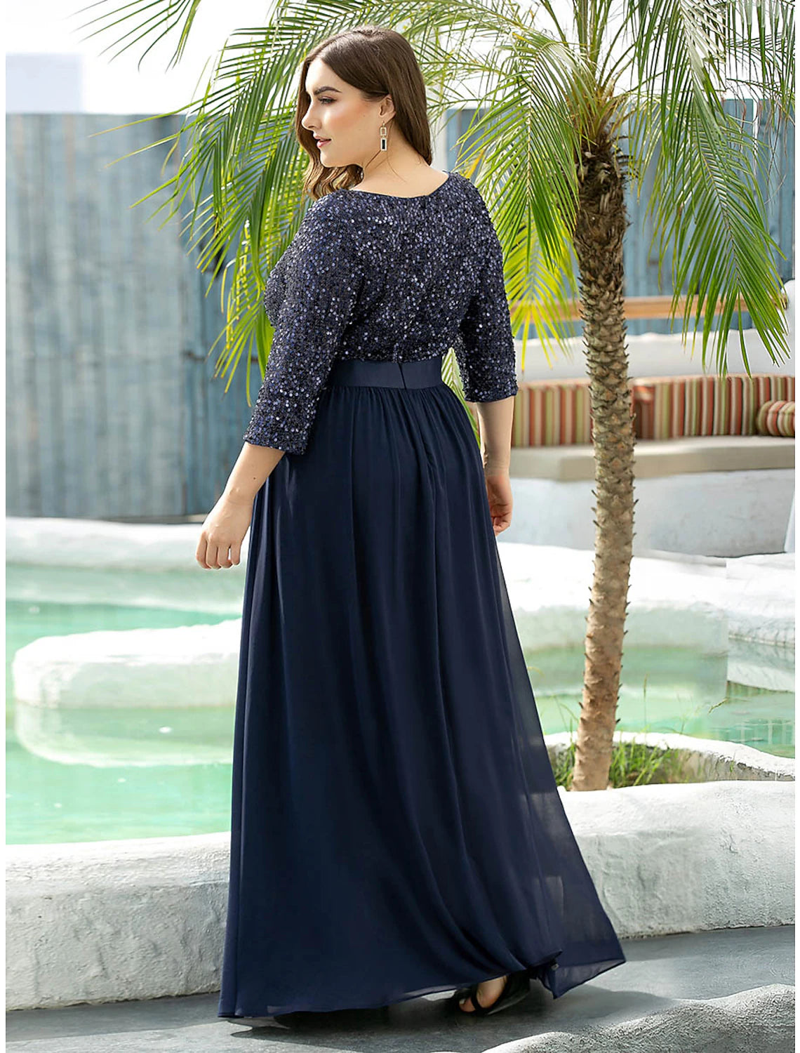 wholesale  A-Line Mother of the Bride Dress Wedding Guest Plus Size Elegant Jewel Neck Floor Length Tulle Sequined 3/4 Length Sleeve with Sequin Fall