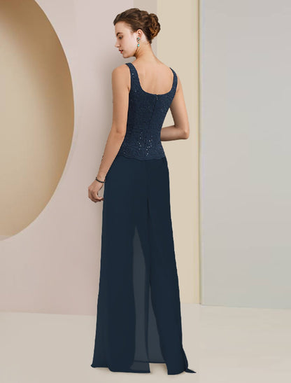 wholesale  Jumpsuit / Pantsuit 3 Piece Mother of the Bride Dress Formal Wedding Guest Plus Size Elegant Scoop Neck Floor Length Chiffon Lace Sleeveless Wrap Included with Sequin