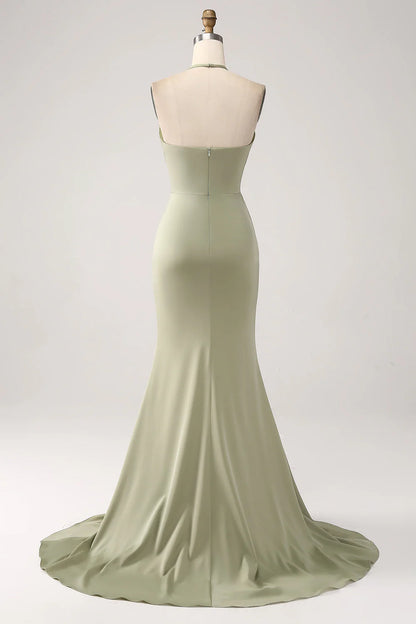 Wholesale Sheath Evening Dress Pistachio V-Neck Beaded Long Prom Dress With Slit