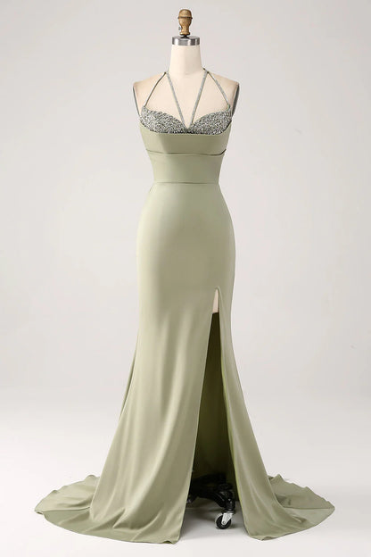 Wholesale Sheath Evening Dress Pistachio V-Neck Beaded Long Prom Dress With Slit