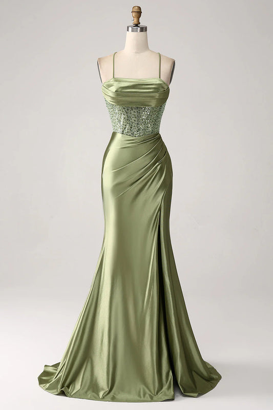 Wholesale Mermaid Evening Dress Cowl Neckline Sequin Long Prom Dress With Slit Army Green