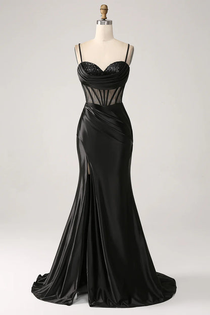 Wholesale Mermaid Sweetheart Black Satin Long Prom Dress With Beading