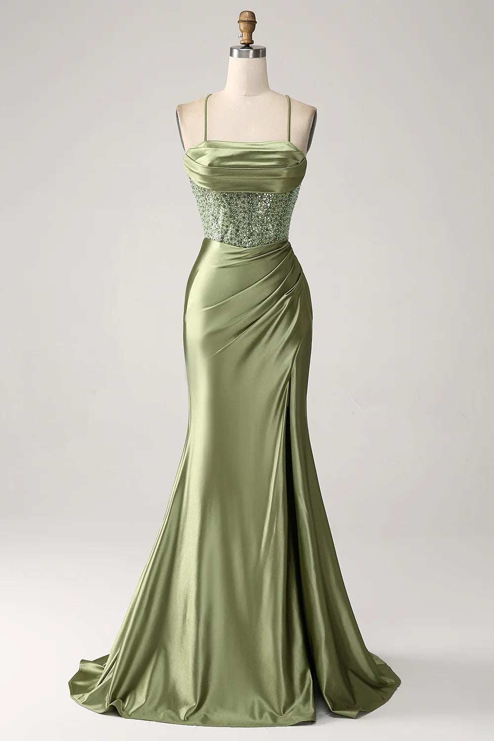 Wholesale Army Green Mermaid Cowl Neckline Sequin Long Prom Dress With Slit