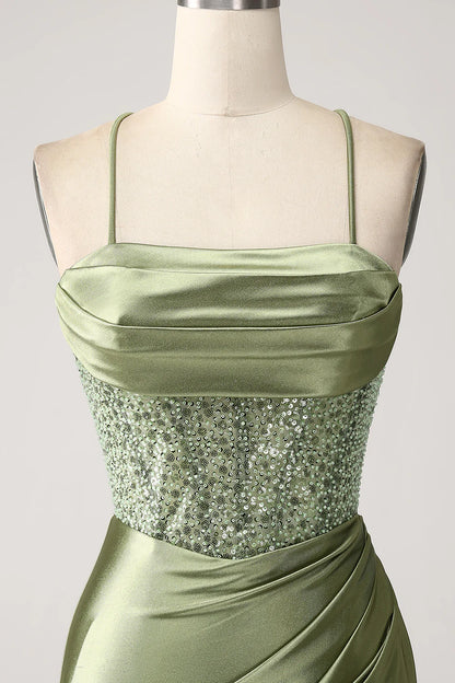 Wholesale Army Green Mermaid Cowl Neckline Sequin Long Prom Dress With Slit